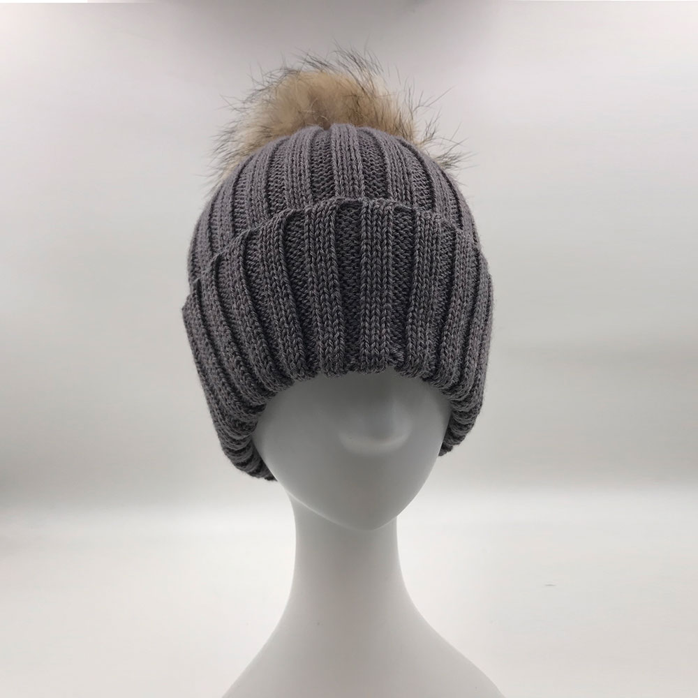 Wool Material Knitted Hat Beanie Threal Hat with Removable Big Real Fur Pompom