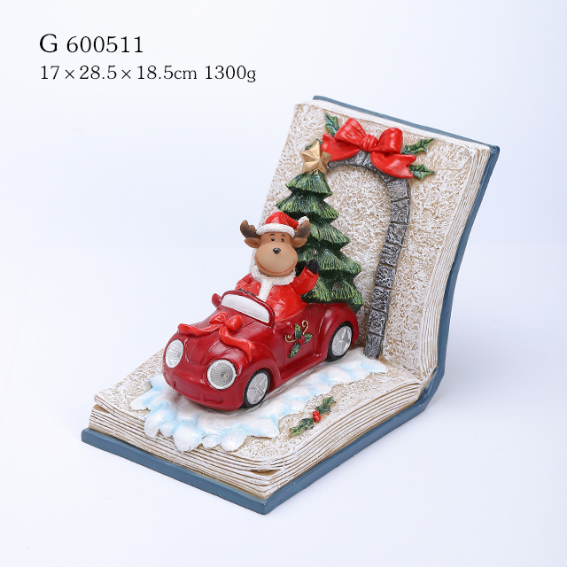 Resin Reindeer drive car with Xmas tree ornament with LED in the book