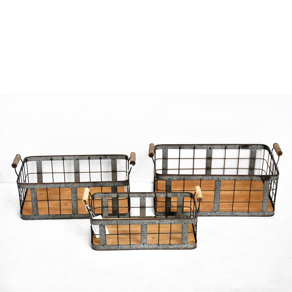 Farmhouse Wood Bottom Galvanized Metal Storage Fruit Basket