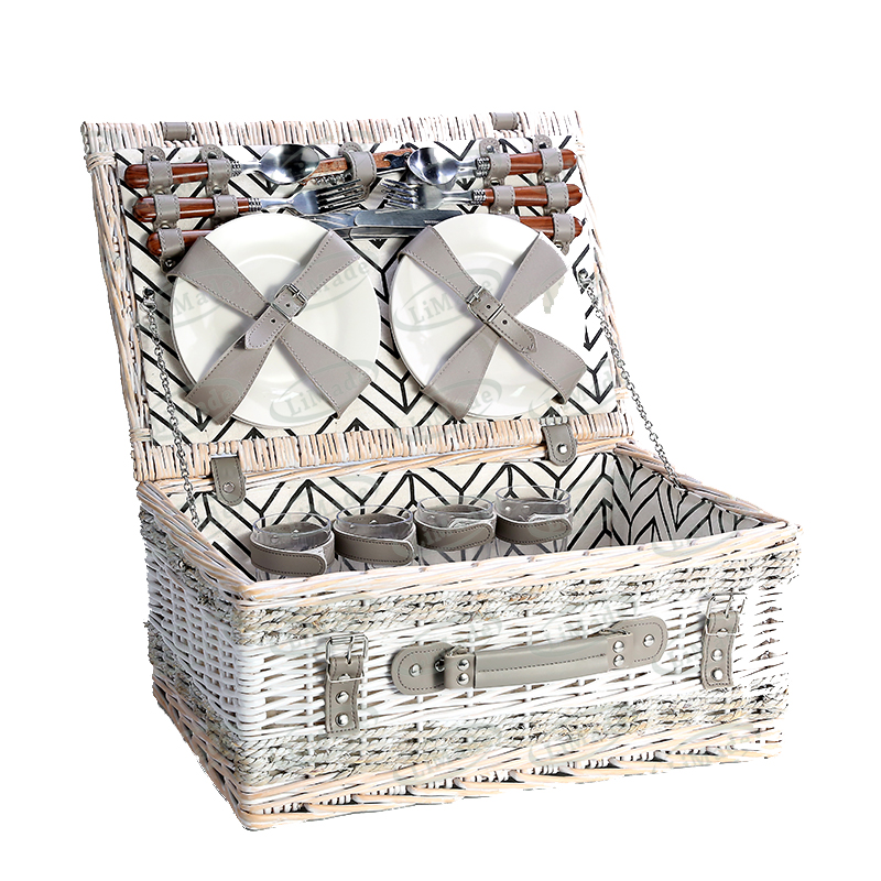 LiMade Outdoor Camping Wicker 4 Person Picnic Basket Willow Hamper Home Storage Includes Tableware set