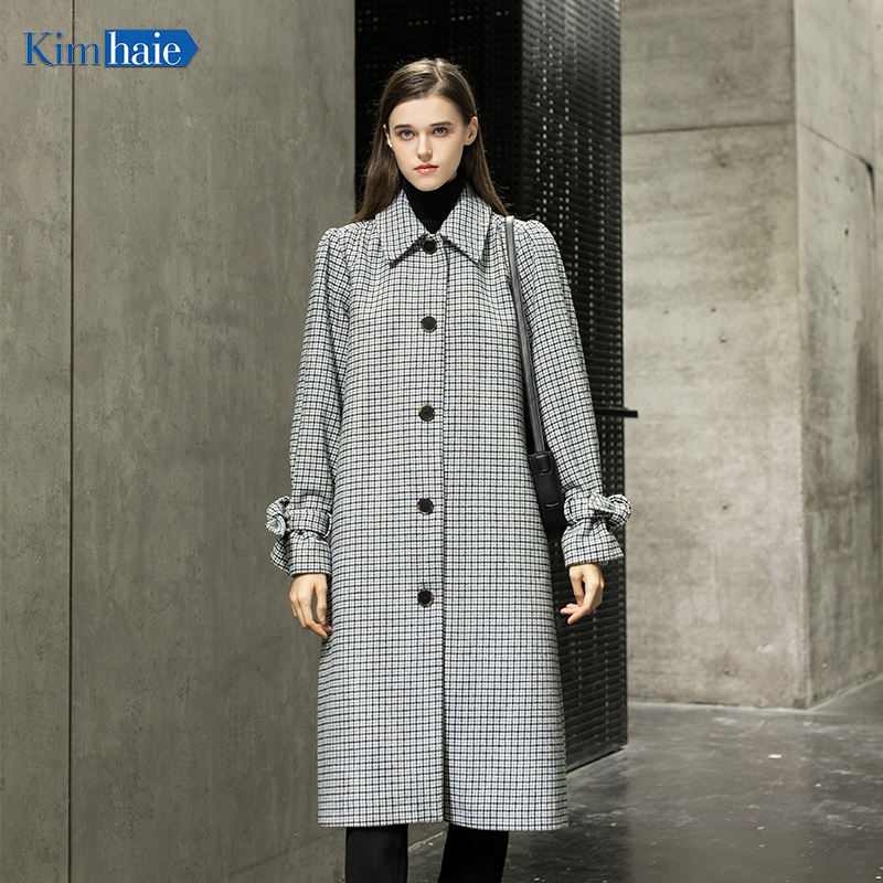 Women blue check single Breasted 3 button cuff tab inside 1 pocket longer woolen coat