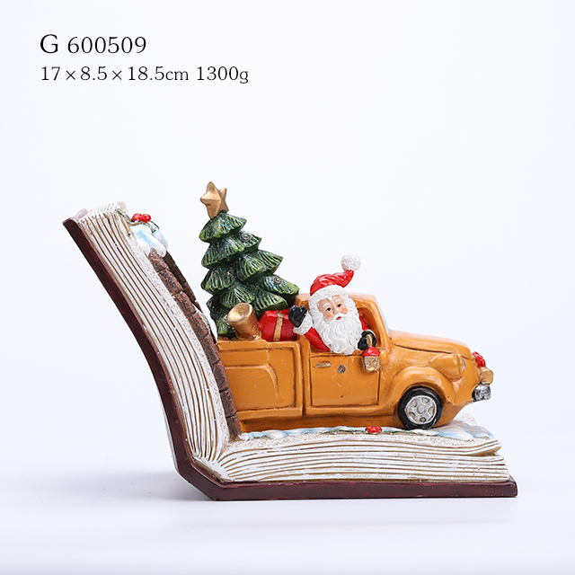 Resin Santa drive car with Xmas tree ornament with LED in the book