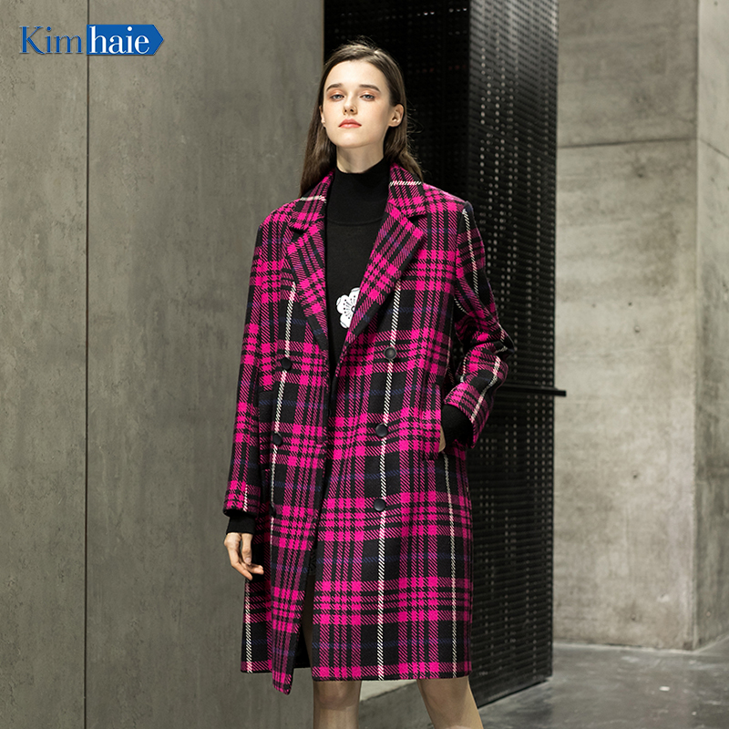 women red check double Breasted notch lapel centre vent longer woolen coat