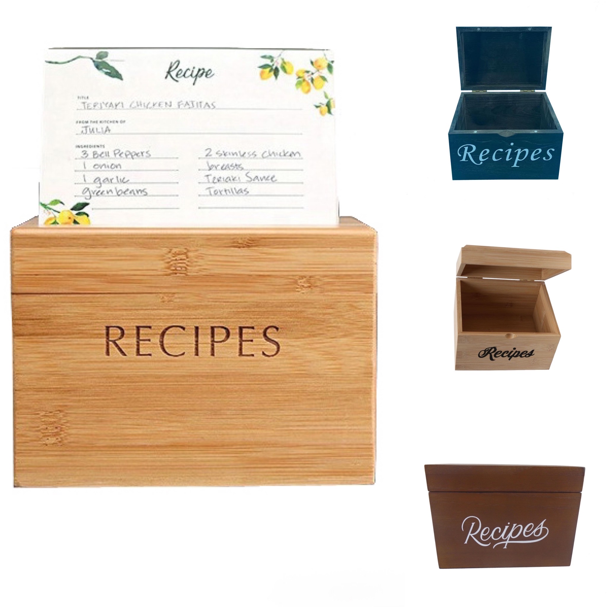 Classic Bamboo Wood Recipe Box with Cards 4X6