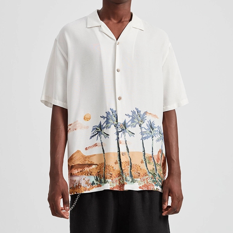 Wholesale custom oasis pattern printed 100% viscose summer funky casual short sleeve shirt for men