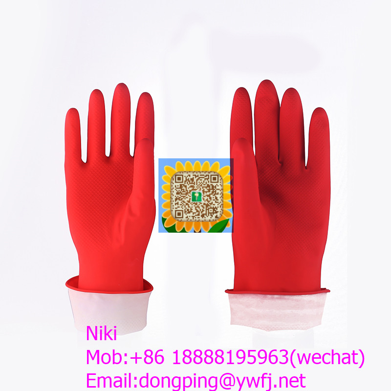 Economy Yellow Household Rubber Latex Dipped Flocked Flocklined Sprayed Gloves Beaded Cuff Glo