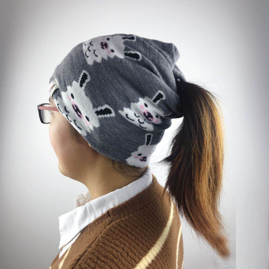 Winter Chunky Warm Caps Jacquard Knit Ponytail Beanie Women Hats Messy Bun Beanie With Ponytail Hole Top