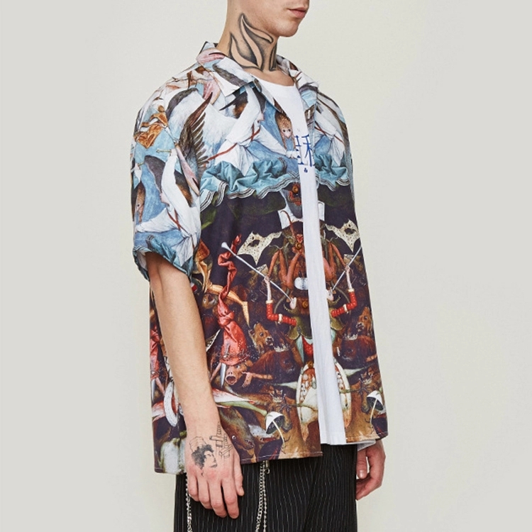 Popular creative design art printing polyester spandex casual beach short sleeve loose shirt men summer
