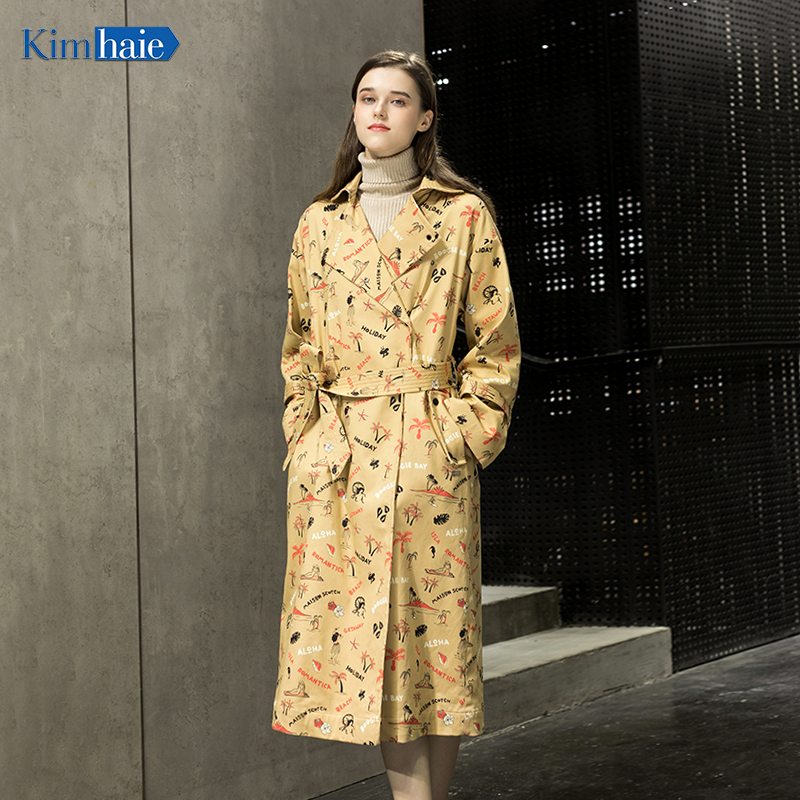 women yellow print belt cuff tab centre vent longer coat