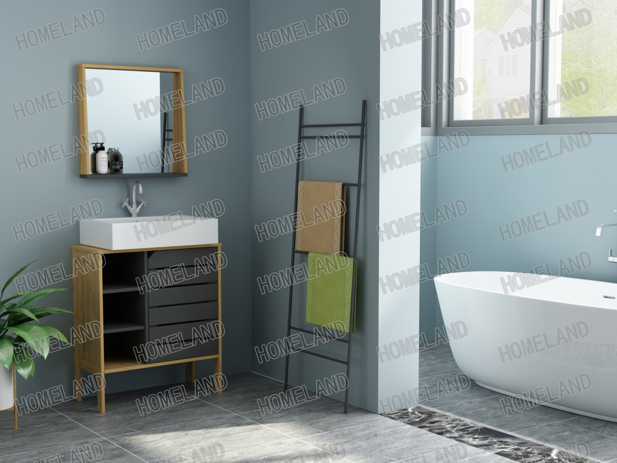 Horizontal flume cabinet single door with grated gray laminate