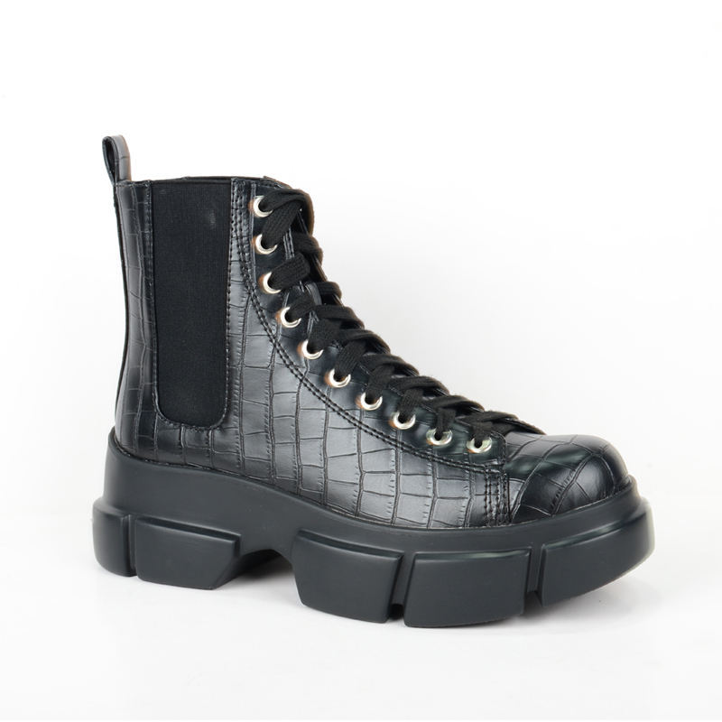 Women fashion low heels ankle boots with shoe lace in balck PU BS208130135-10