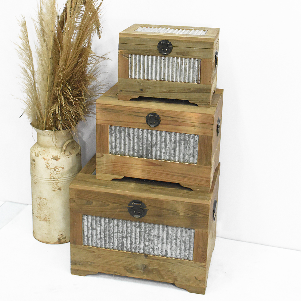 Set 2 Nature Finish Farmhouse Wooden Storage Trunk