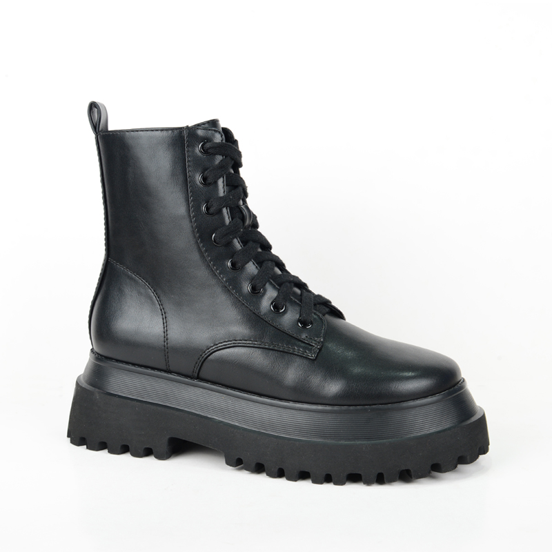 Women fashion low heels ankle boots with shoe lace in balck PU BS20812418-1