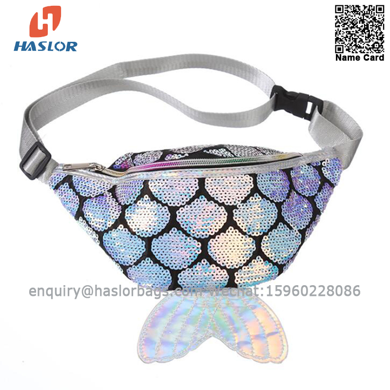 0118 W haslor Children's sports belt bag, hologram sequin tail wasit belt bag with glitter