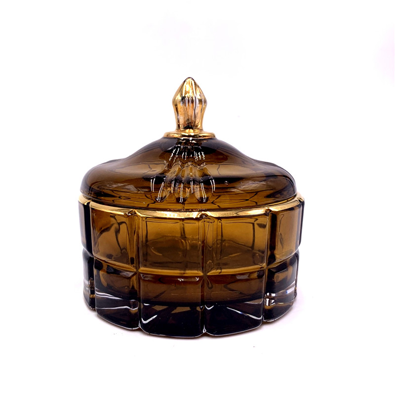Unique amber colored glass candle jar with lid