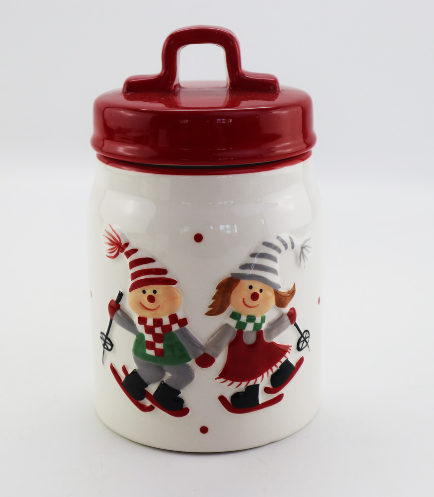 Ceramic skate children biscuit canister ski baby sugar pot skating people tea jar