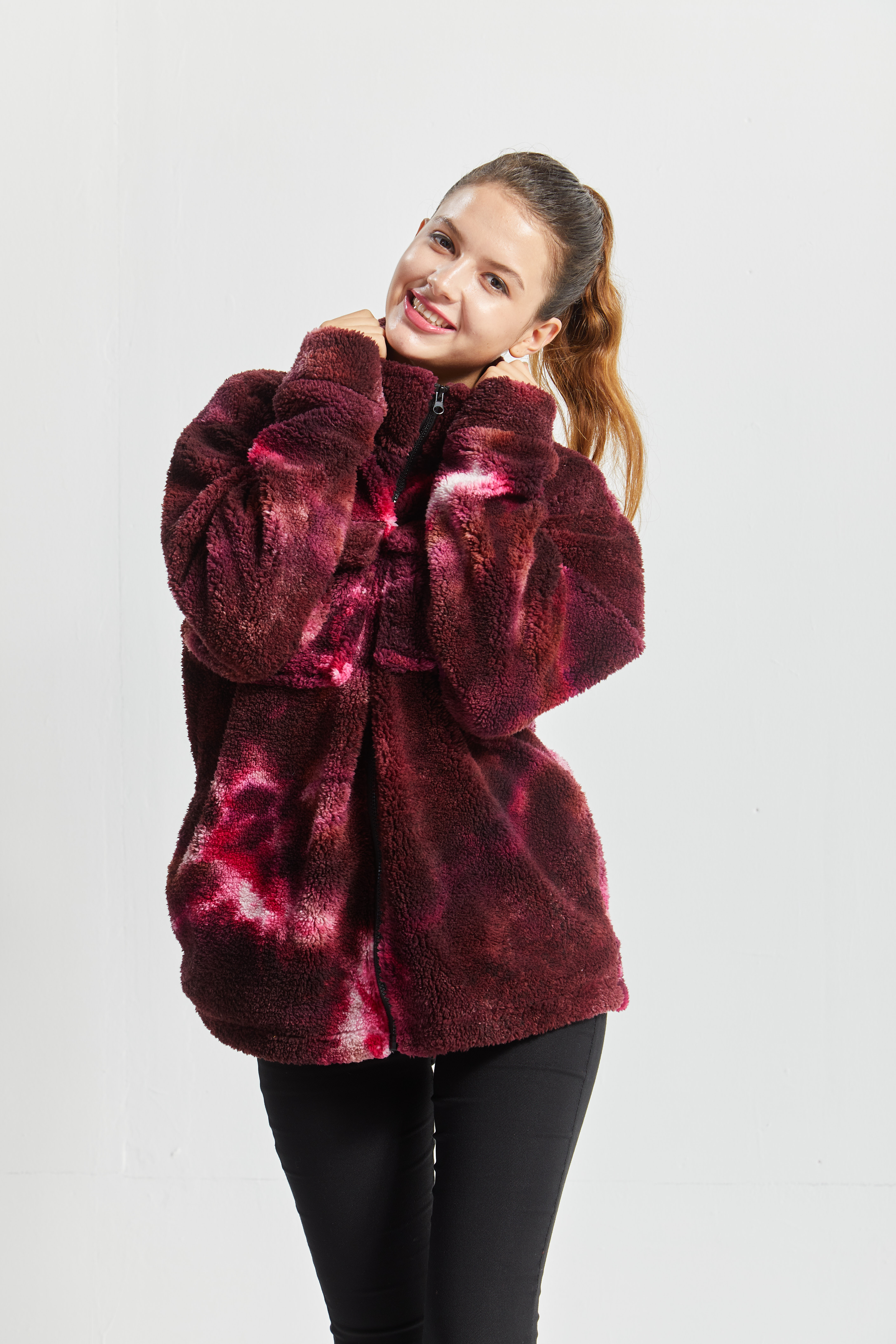 New design wholesale sherpa winter jacket tie dye 100%polyester ladies sherpa jacket for winter
