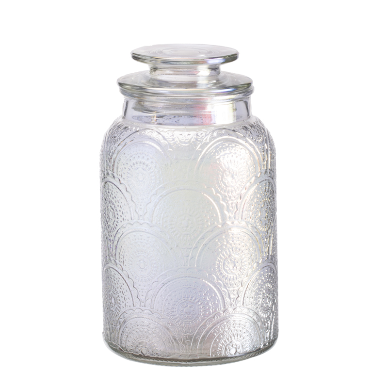 Round glass storage 1.5L jar with lid with rainbow color plating