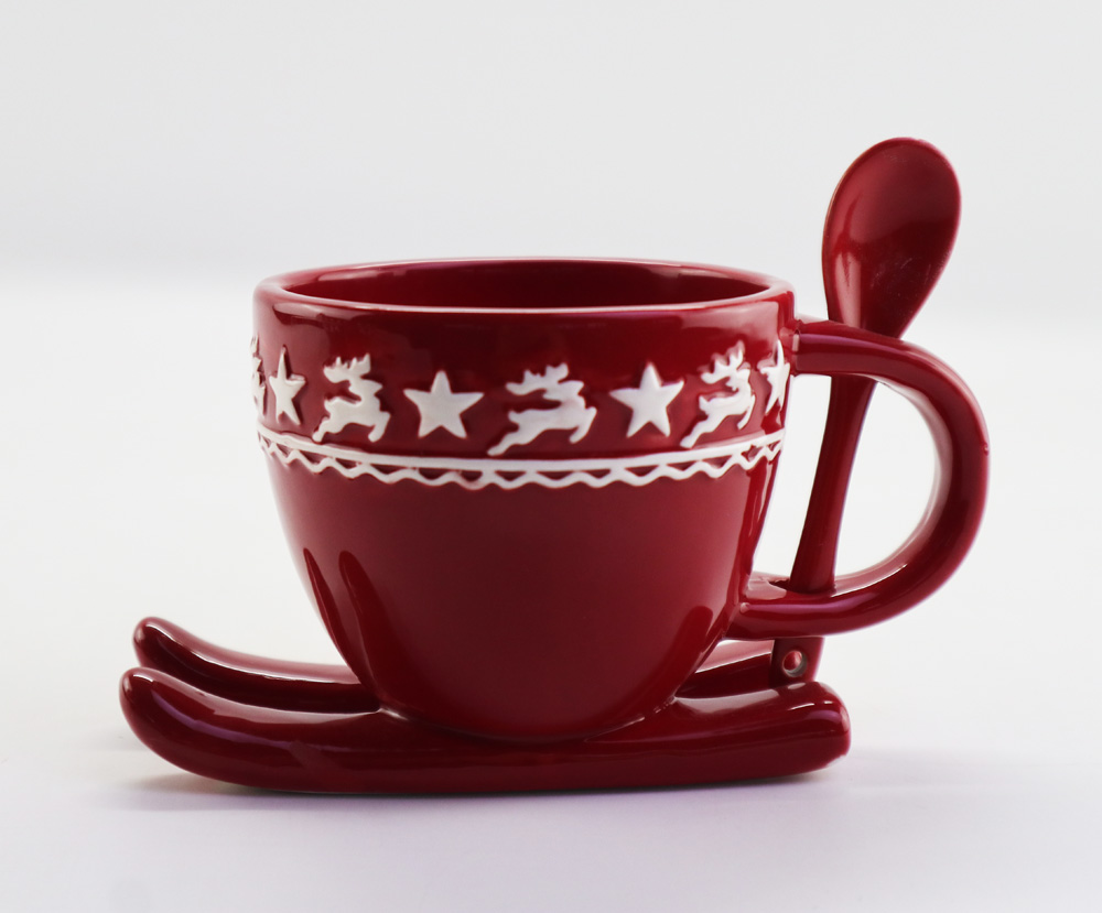 Ceramic reindeer design ski mug with spoon ski cup/spoon