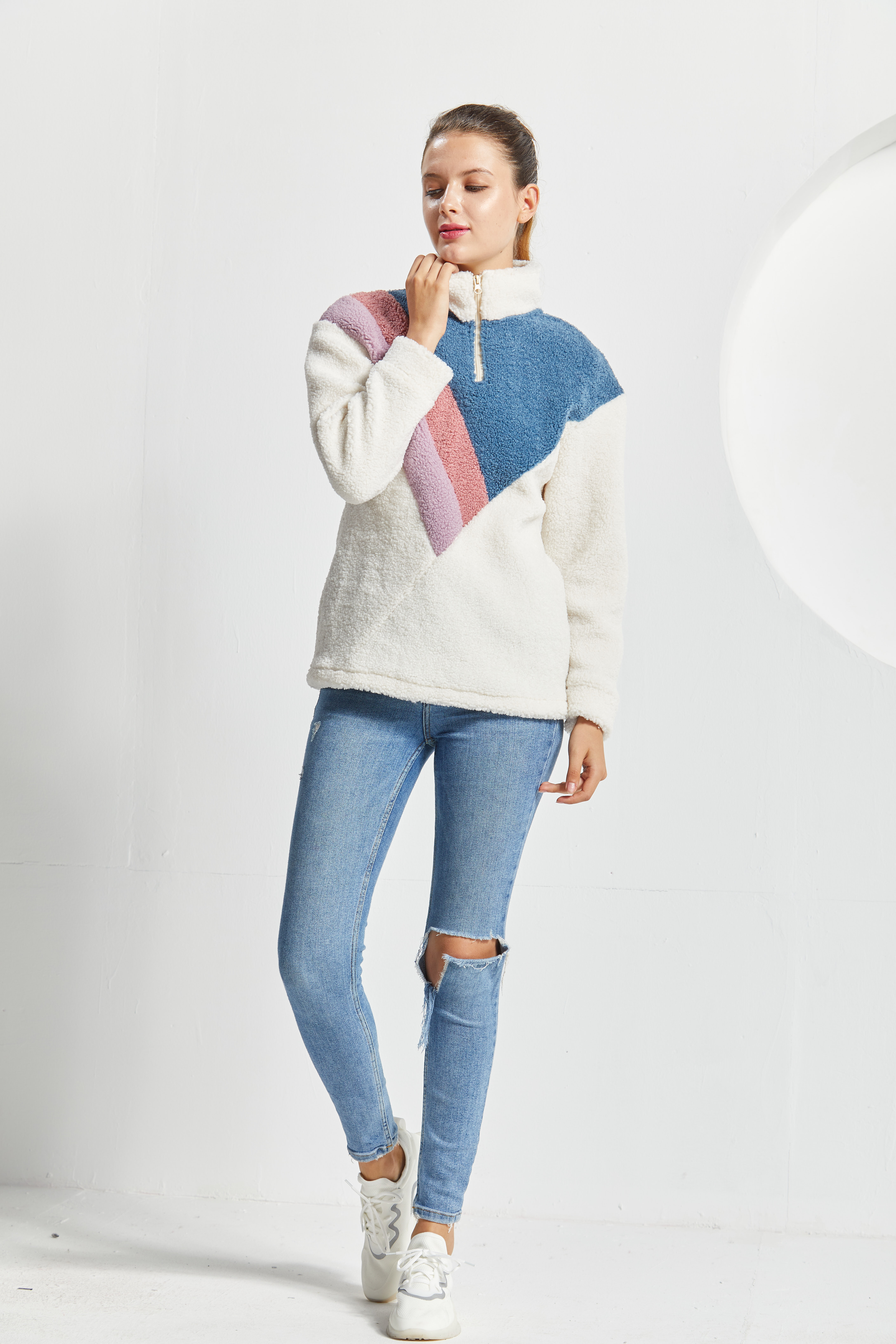 wholesale hot sale women knitted sherpa fleece pullover sweater custom pullover