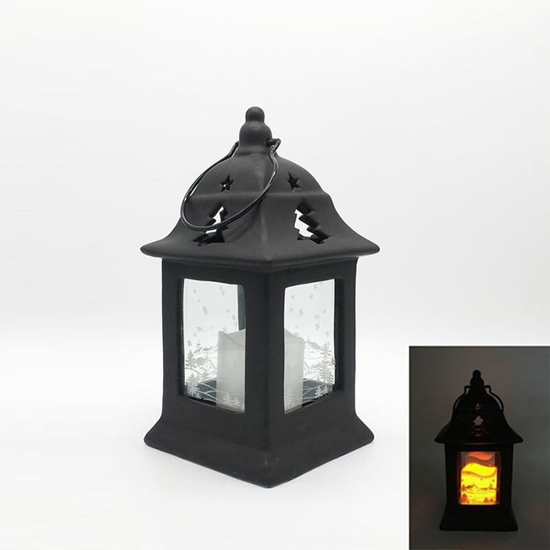black matte ceramic Christmas lantern with christmas tree cutout and glass window