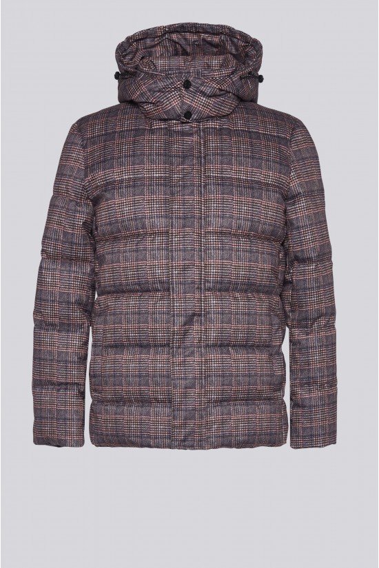 Men's printed check coat with hood