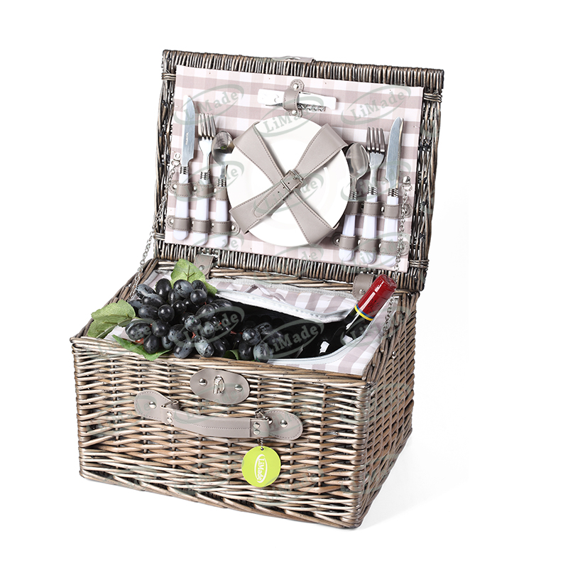 LiMade Outdoor Camping Square Wicker 4 Person Picnic Basket Hamper Home Storage Includes Tableware set with Built-in Cooler