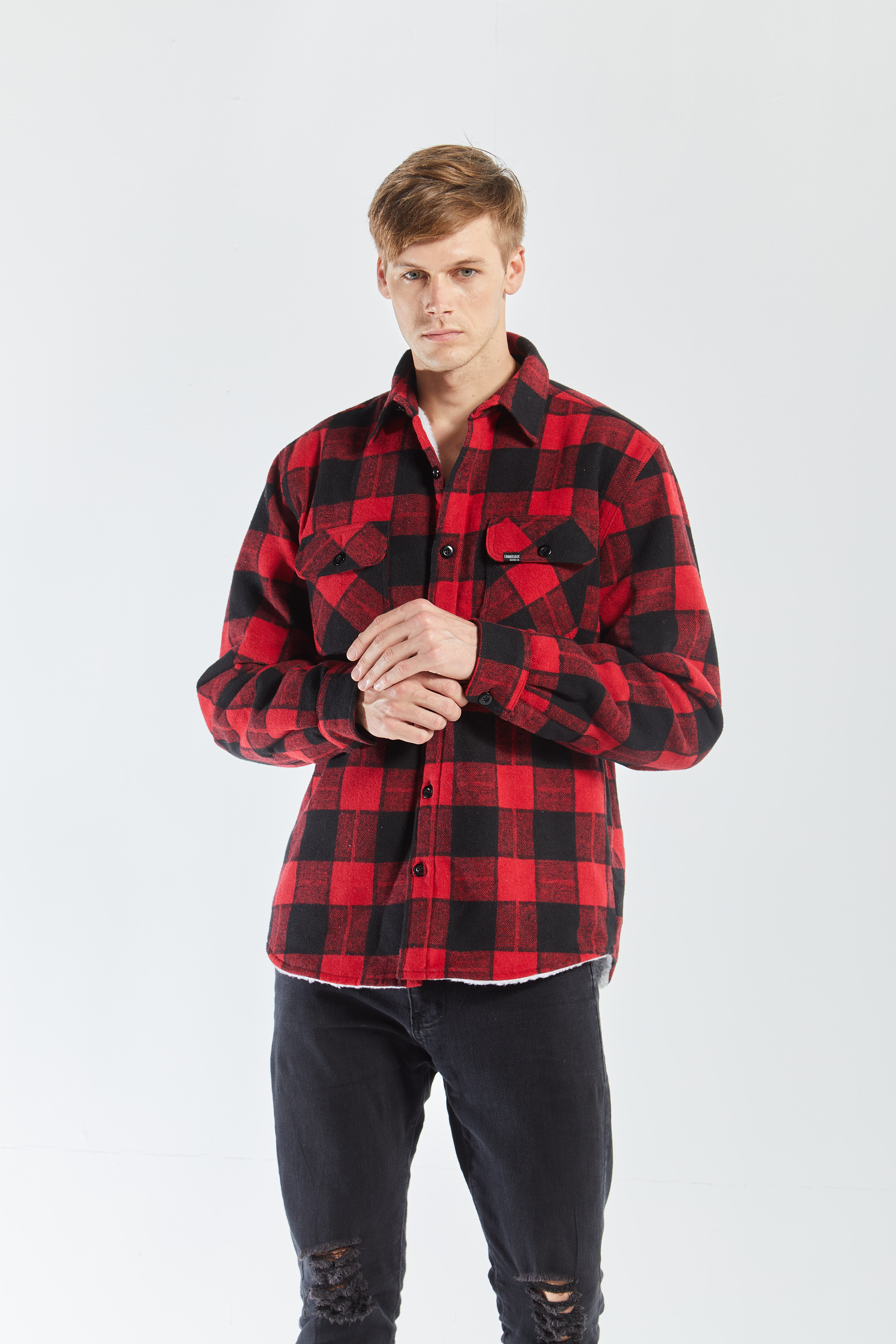 wholesale classical custom red plaid shirt casual warm soft lining sherpa mens shirt