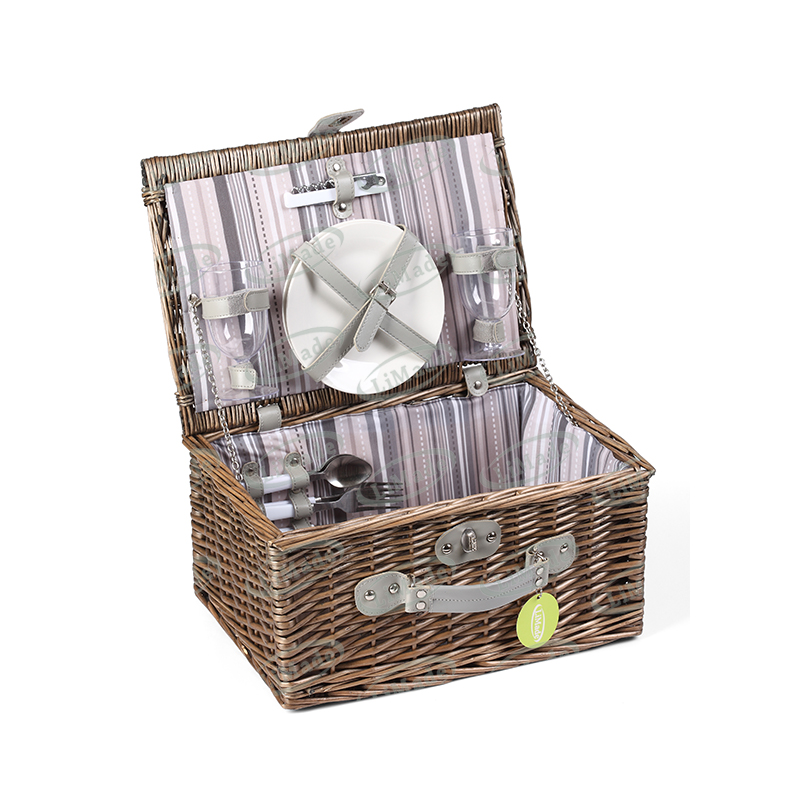 LiMade Outdoor Camping Square Grey Striped Wicker 2 Person Picnic Basket Hamper Home Storage Includes Tableware set