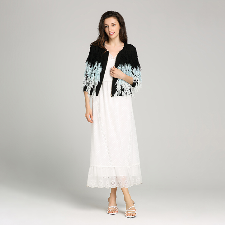 Spaghetti strap V neck women sexy evening long dress with embroidery ruffle hem and lace trimmings insert