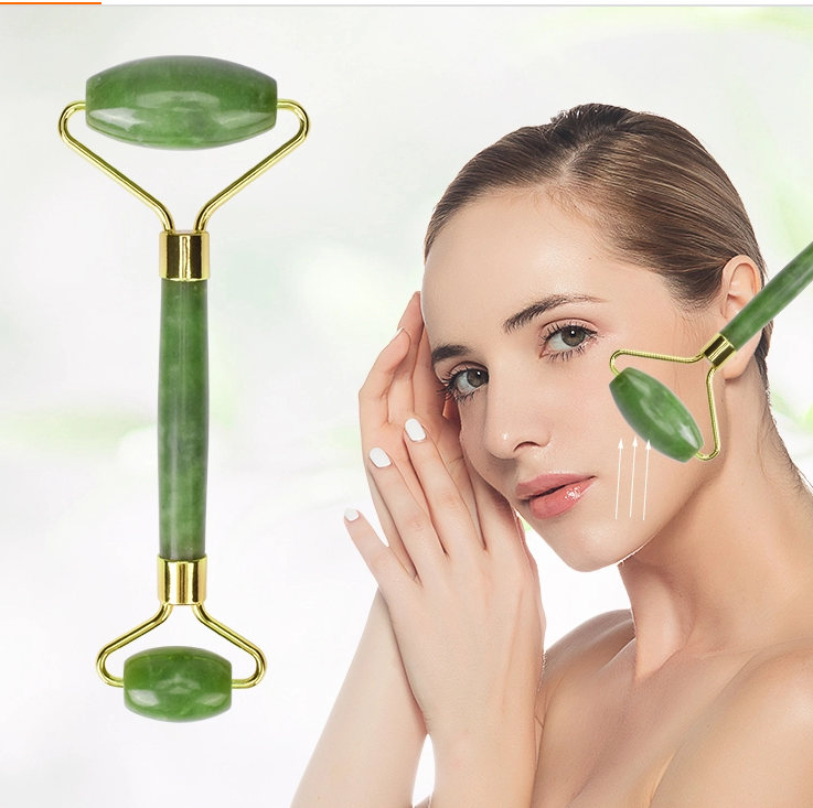 Best price HanHe handheld rose quartz jade roller gua sha beauty facial massage rose jade roller for face with box