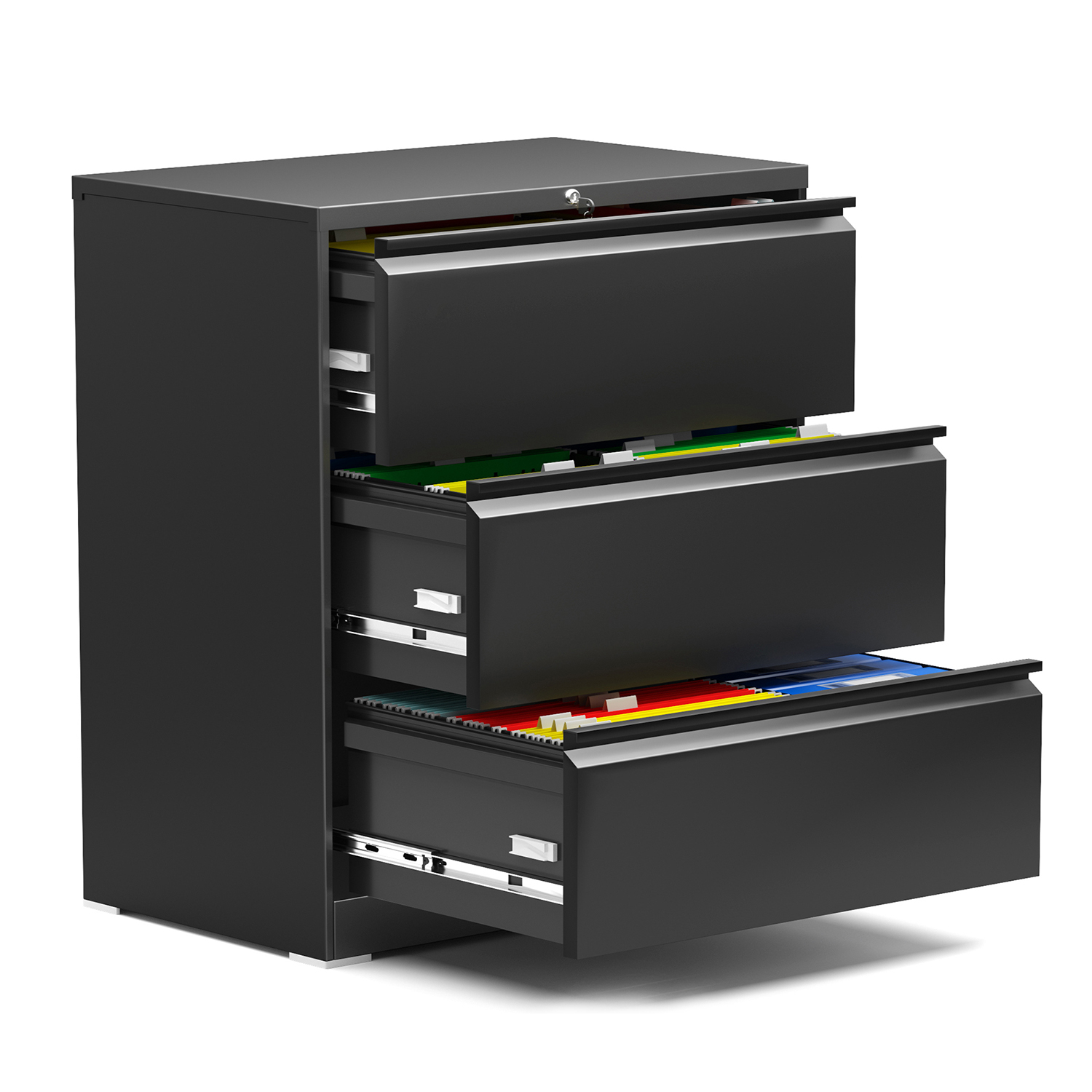 Fast assemble three drawer lateral file cabinet black