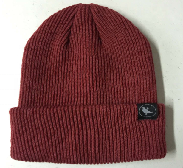 100% Acrylic rib knit beanie with custom woven label
