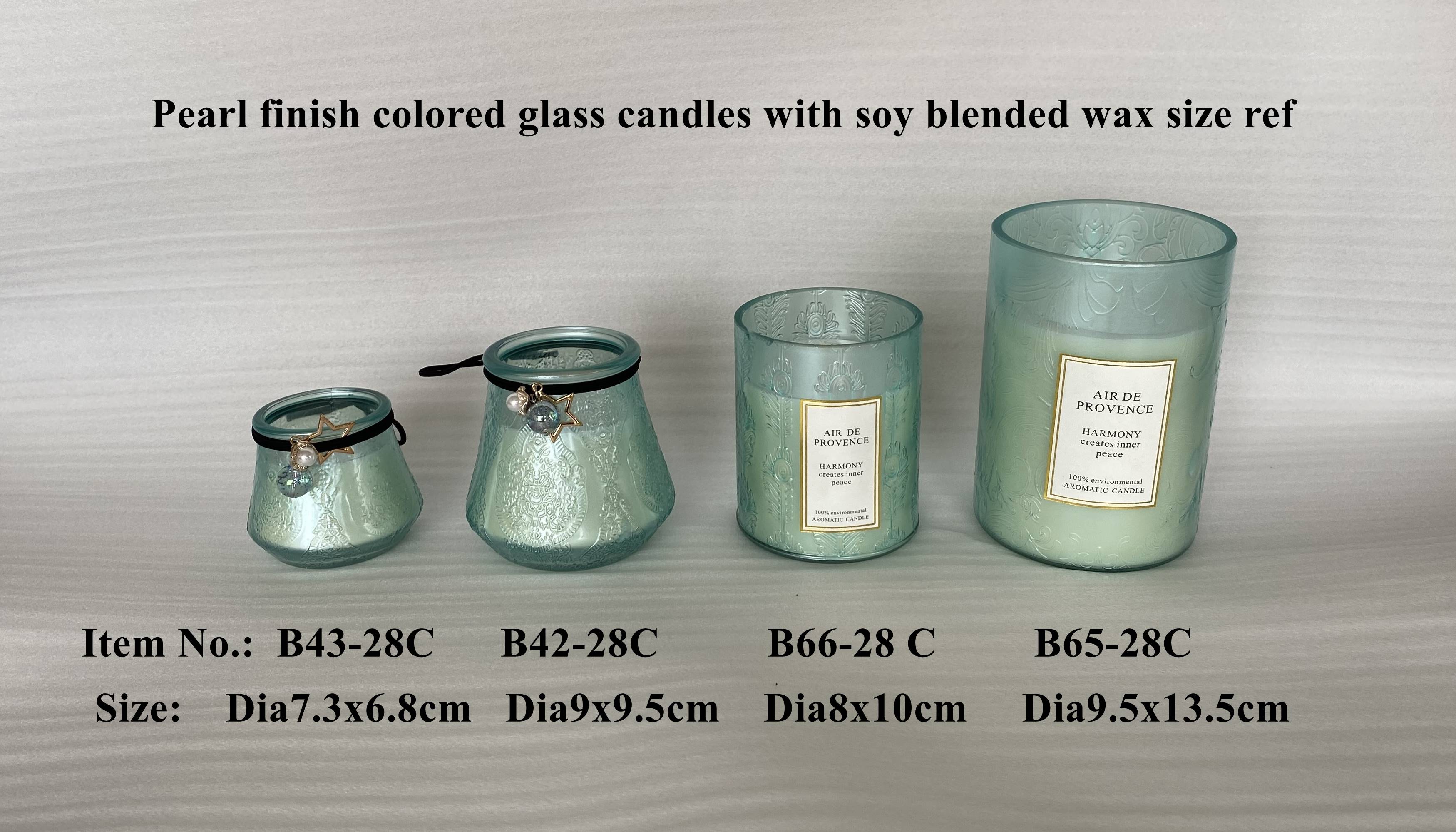 Pearl finish colored scented glass candles with soyblend wax.