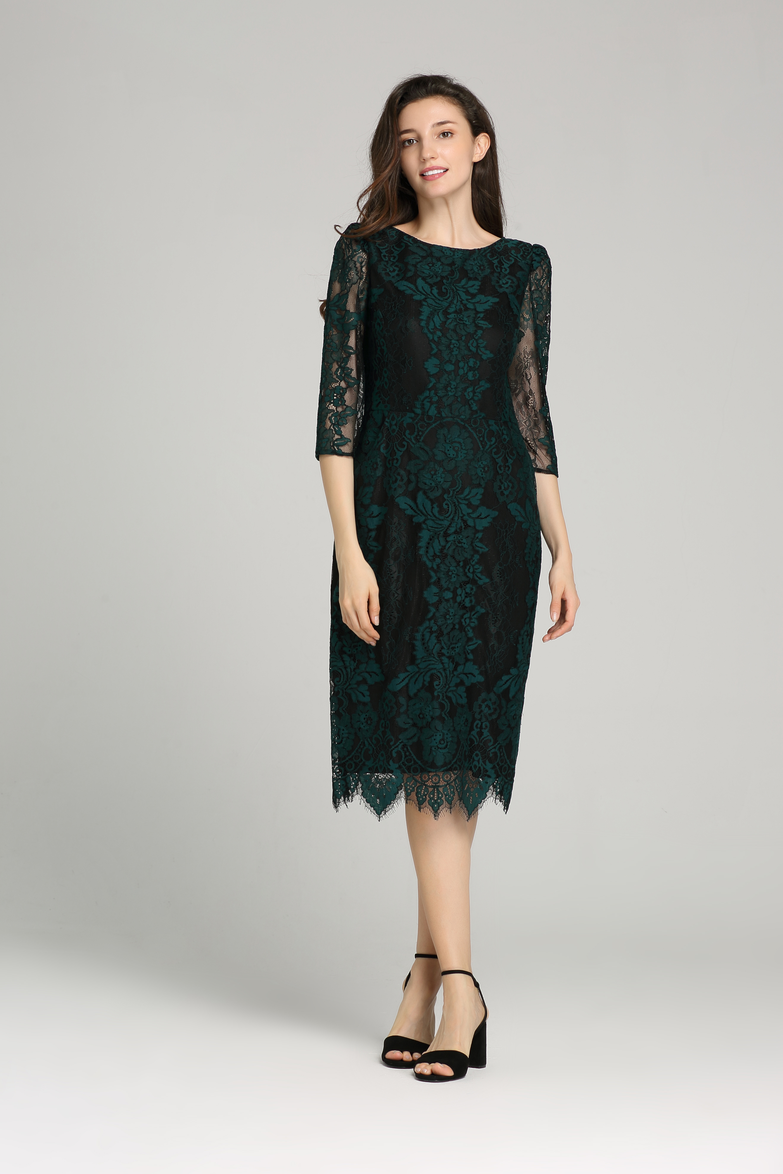 2020 Spring Summer New Fashion Half Sleeve Fitted Waist ladies Sexy Lace Dress With Scallop Hem