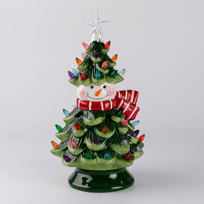 Snowman shape ceramic christmas tree ceramic ornament with colorful light