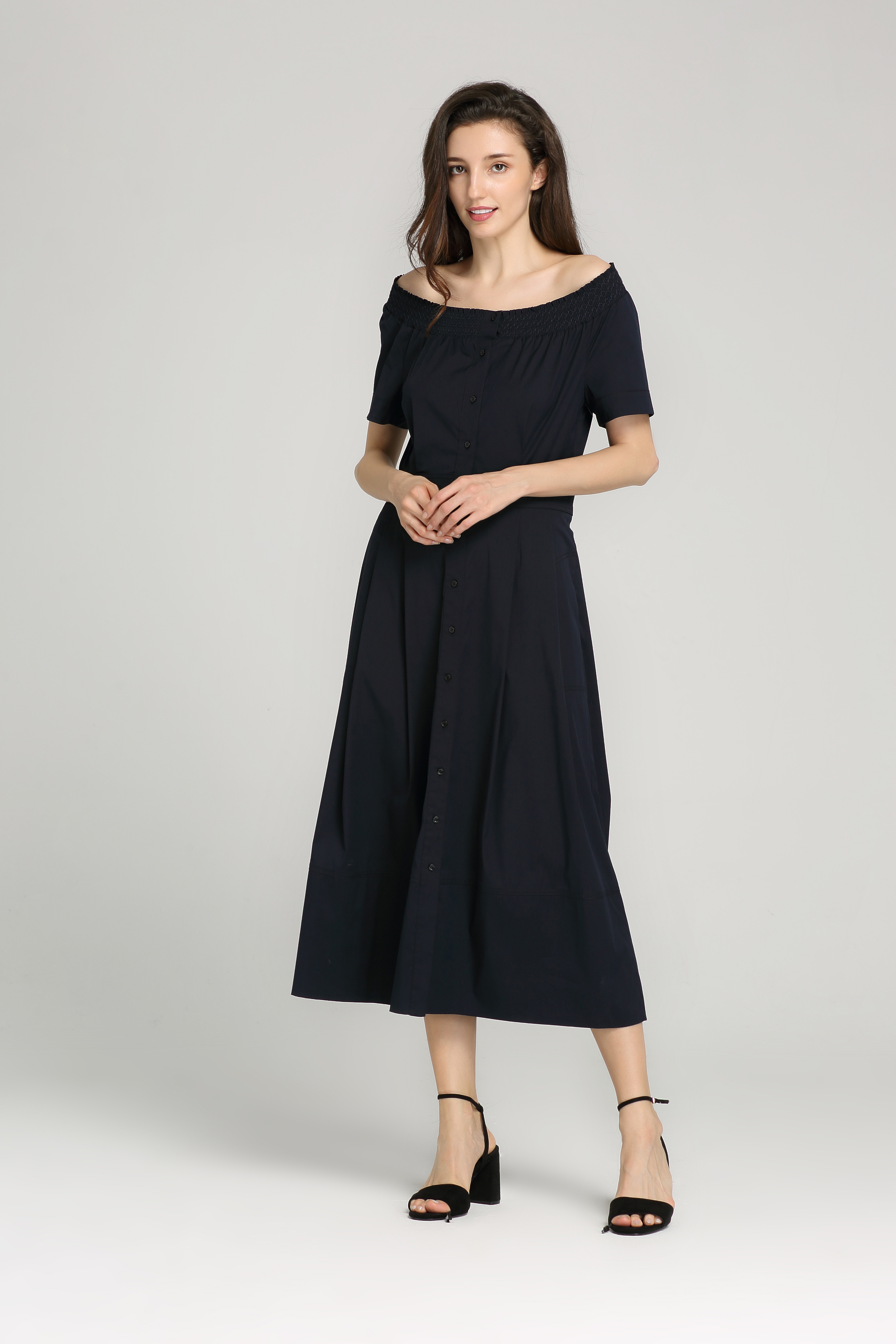 Hot Sell True Navy Fashion cotton Sexy ladies dresses Smocking Off-shoulder Short Sleeve casual Long Dress for women
