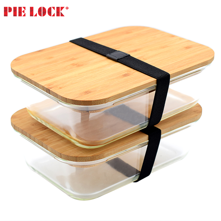 Bamboo lid glass container with elastic cord