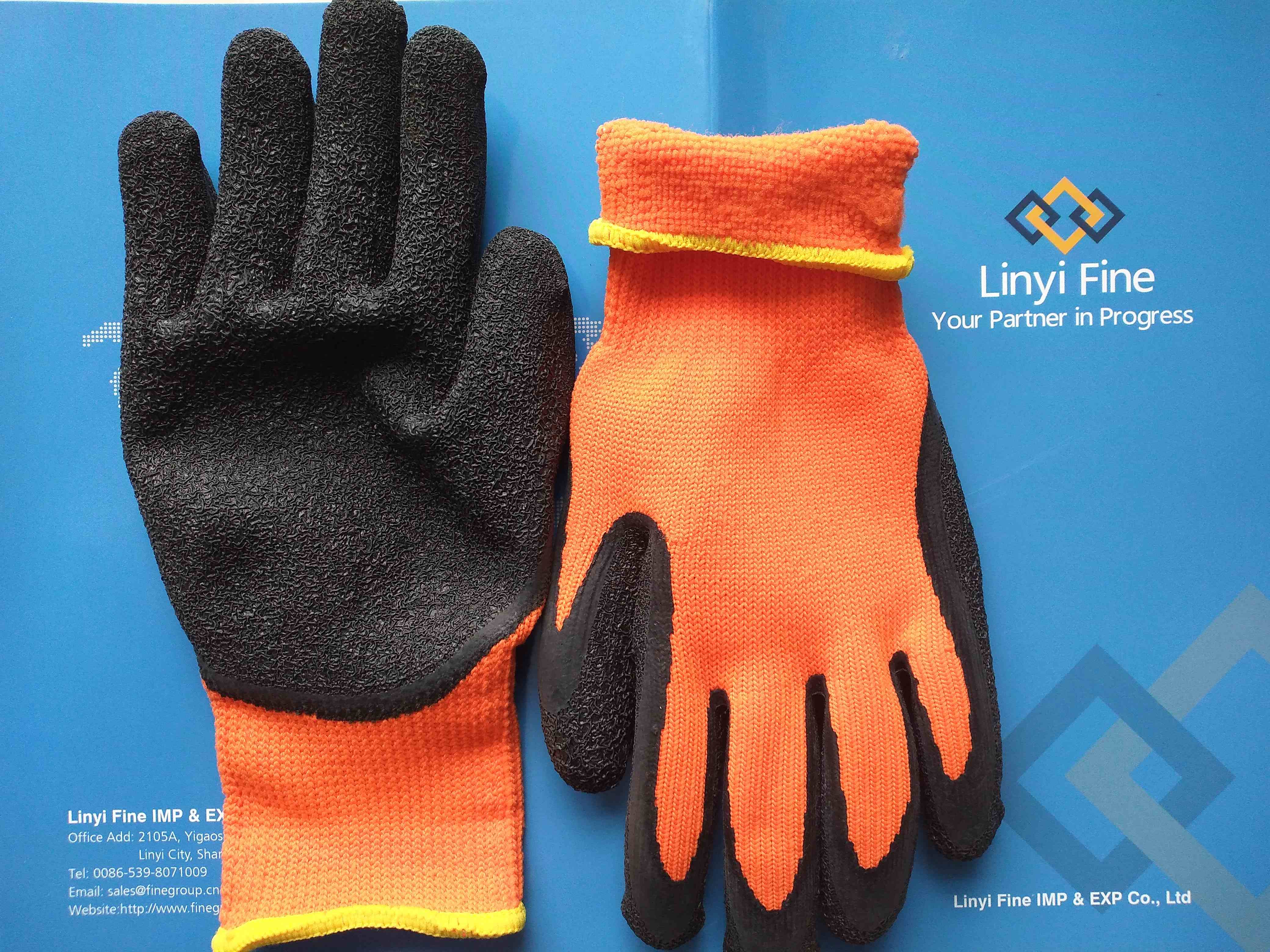 Terry liner crinkled latex coated safety work gloves