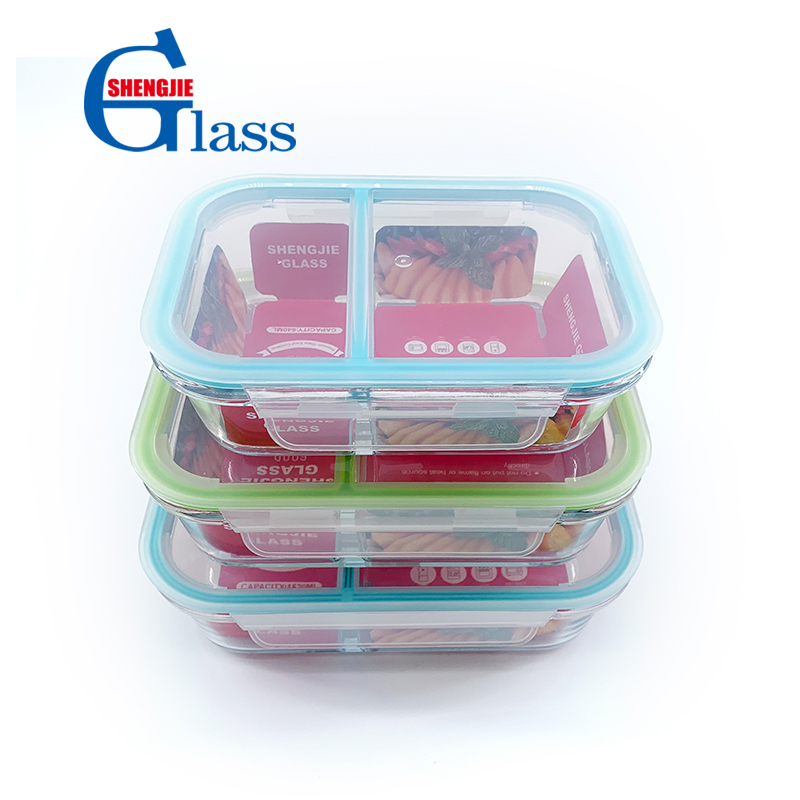 OEM 2 Compartment Rectangular Glass Food Container with BPA FREE Plastic Lid