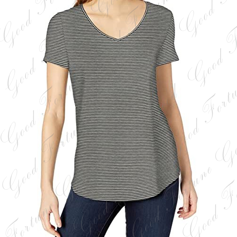 Ladies Spring Summer yarn dyed stripe knit jersey V- neck short sleeves slim fit casual T-shirt