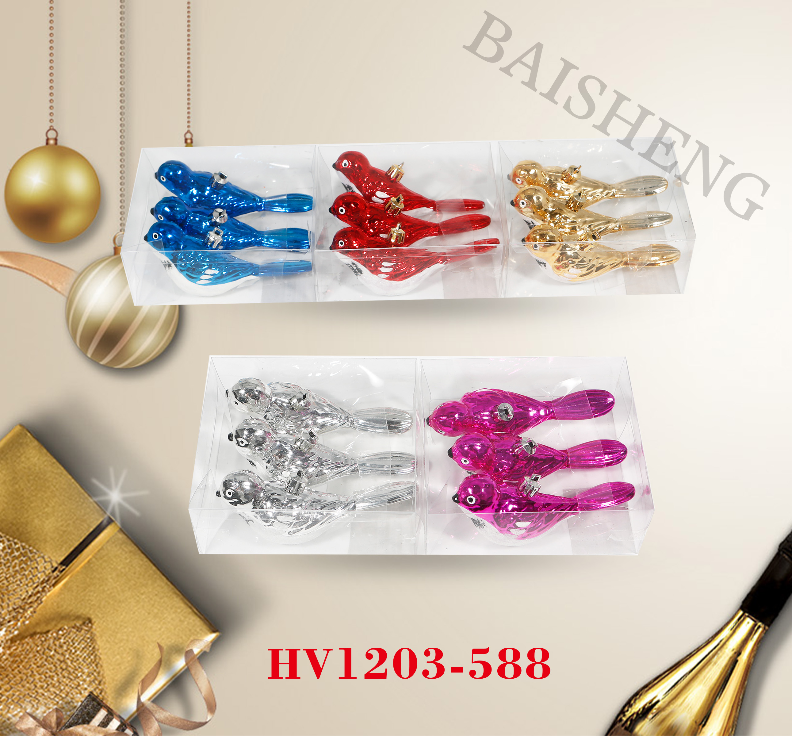 12cm Shiny Painted Decorations, 3pcs In PVC Box