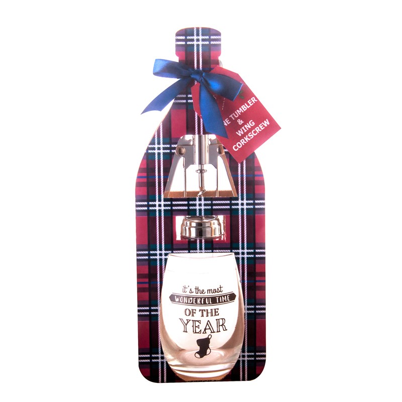Wine Glass Gift Set for Christmas with Corkscrew