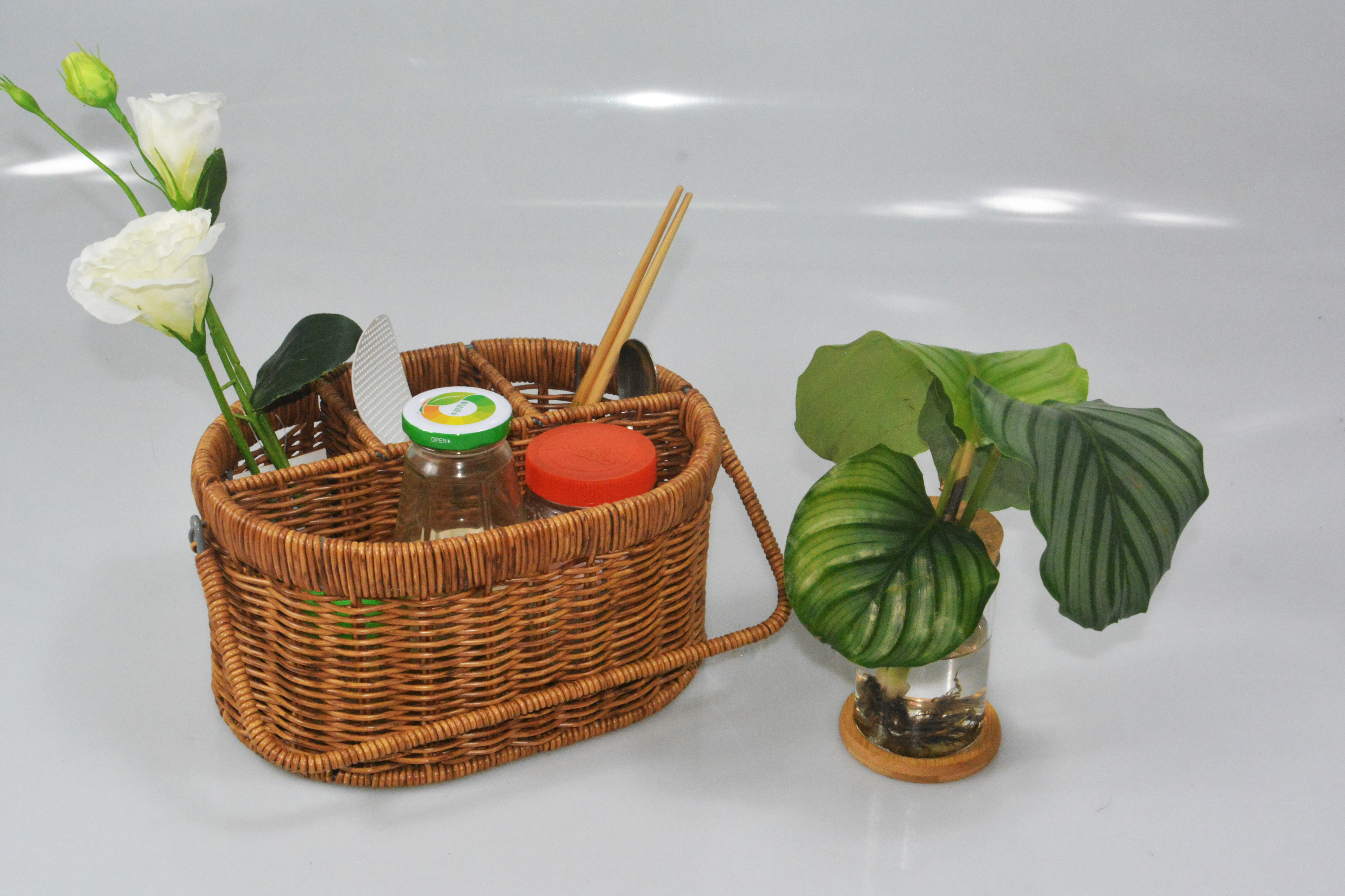 PP rattan hand-woven flatware caddy picnic basket