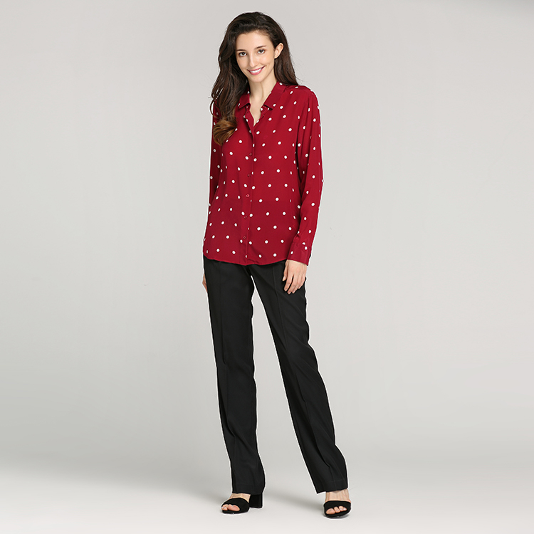 fashion custom 100% silk 14mm CDC dull red base white dot print long sleeve classic ladies office shirt blouse