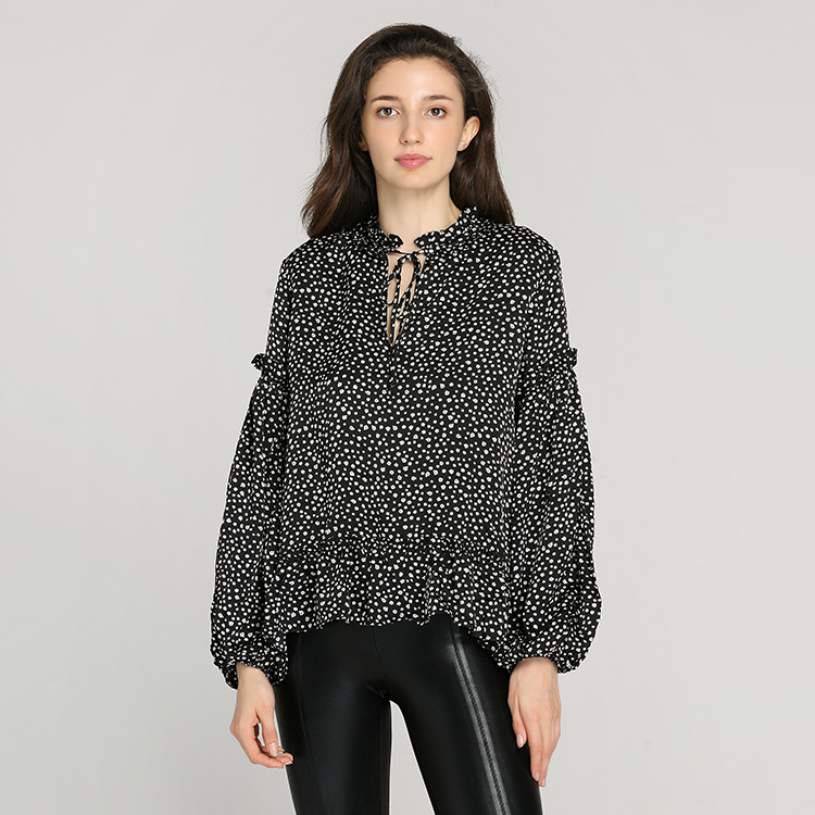 popular black base white wispy floral print ruffle collar long puff sleeve loose women blouse