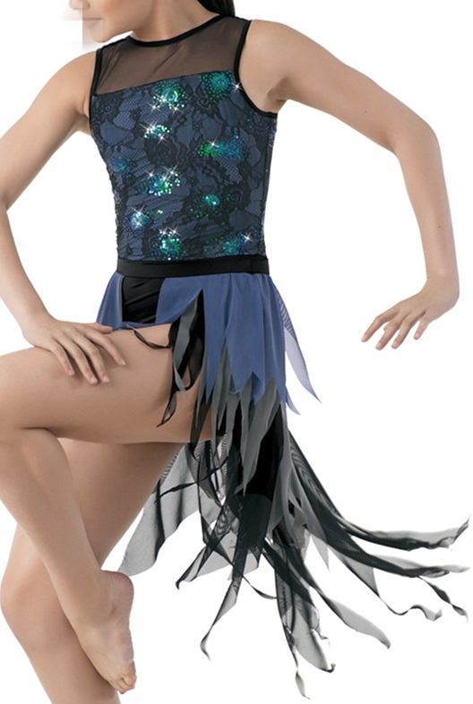 Sequin lace unitard with zigzag hem mesh dress -dancewear/show/costume/dance