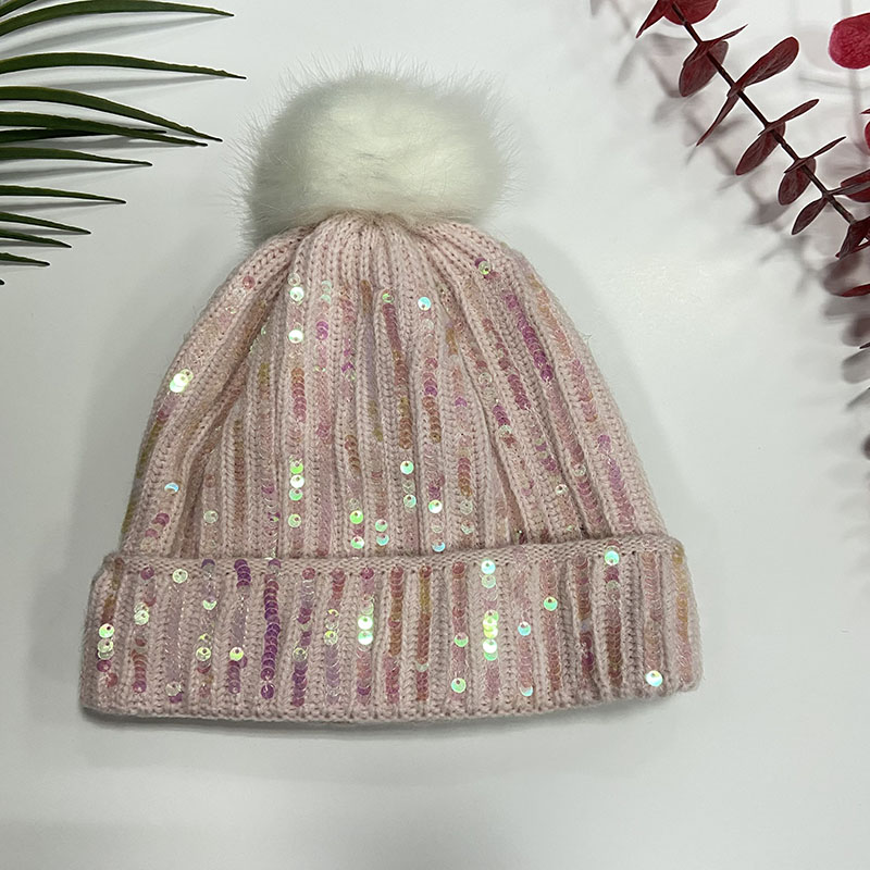 5500002695 Girls Rib Sequins Beabie With Pompom