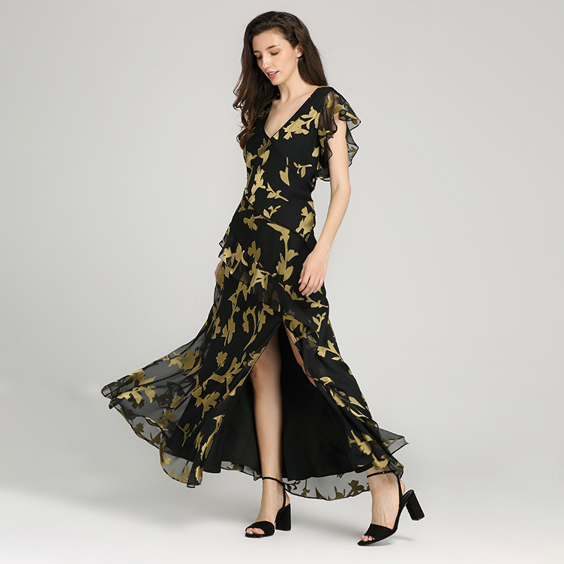 Hot Sell Deep V Neck Ruffle Print Ladies Long Dress Short Sleeve Casual Dress For Women