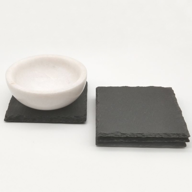 Set 4 Black Slate Plain Stone Coasters Plate Square Rough Rim Backside With Pads